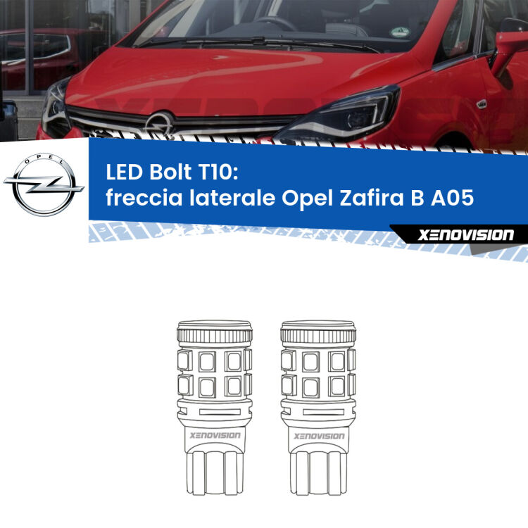 0 Freccia laterale LED Opel Zafira B A05 2005 - 2015: T10 Bolt <strong>Freccia laterale LED per Opel Zafira B</strong> A05 2005 - 2015. Coppia lampade <strong>T10</strong> modello Bolt canbus.