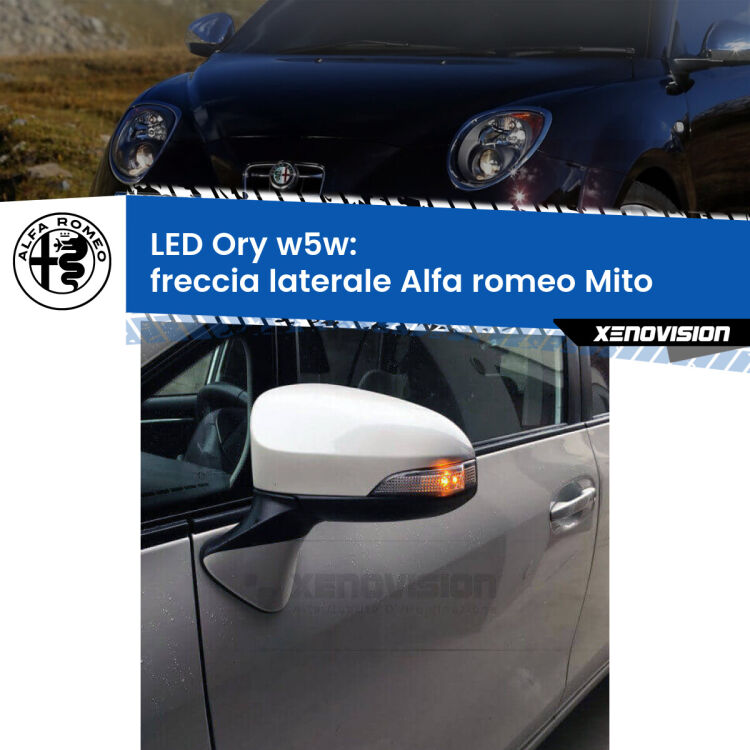 <strong>LED freccia laterale w5w per Alfa romeo Mito</strong>  2008 - 2018. Una lampadina <strong>w5w</strong> canbus luce arancio modello Ory Xenovision.