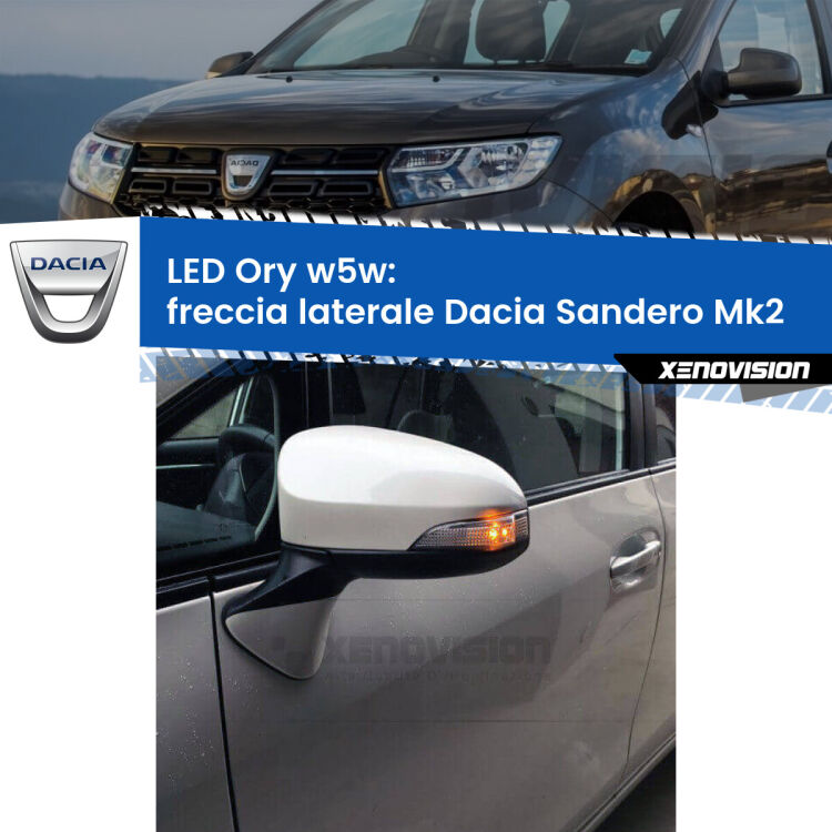 <strong>LED freccia laterale w5w per Dacia Sandero</strong> Mk2 2012 in poi. Una lampadina <strong>w5w</strong> canbus luce arancio modello Ory Xenovision.