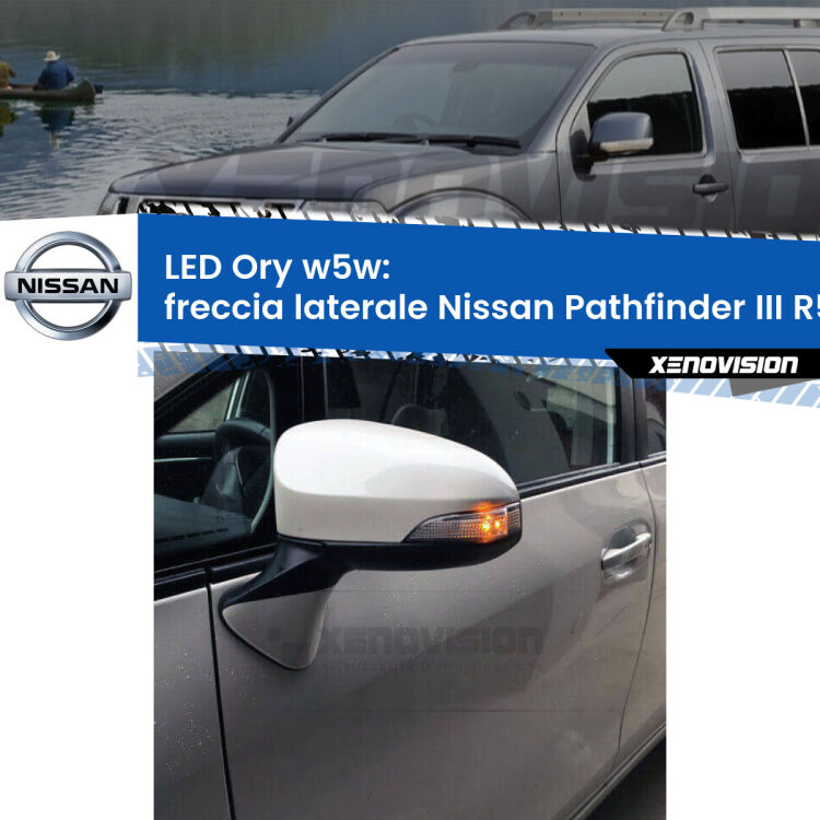 0 Freccia laterale LED per Nissan Pathfinder III R51 2005 - 2011: Ory w5w <strong>LED freccia laterale w5w per Nissan Pathfinder III</strong> R51 2005 - 2011. Una lampadina <strong>w5w</strong> canbus luce arancio modello Ory Xenovision.