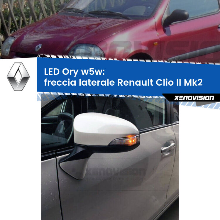 <strong>LED freccia laterale w5w per Renault Clio II</strong> Mk2 1998 - 2004. Una lampadina <strong>w5w</strong> canbus luce arancio modello Ory Xenovision.