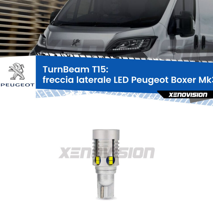 <strong>LED freccia laterale Peugeot Boxer </strong>Mk3. Una lampada LED T15 per Frecce, ottima resa in ogni direzione, Qualità Massima.