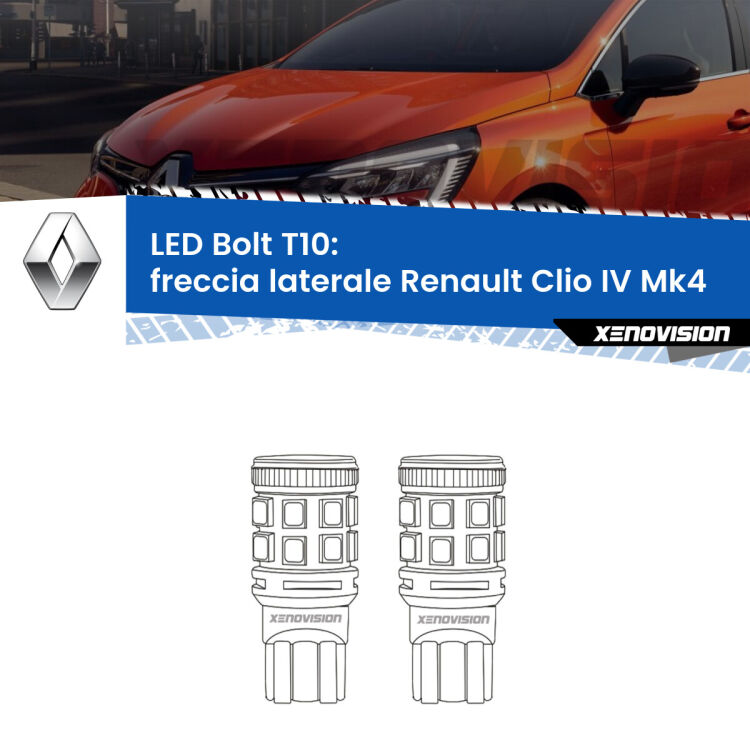 Freccia laterale LED Renault Clio IV 2012 - 2018: T10 Bolt <strong>Freccia laterale LED per Renault Clio IV</strong> 2012 - 2018. Coppia lampade <strong>T10</strong> modello Bolt canbus.