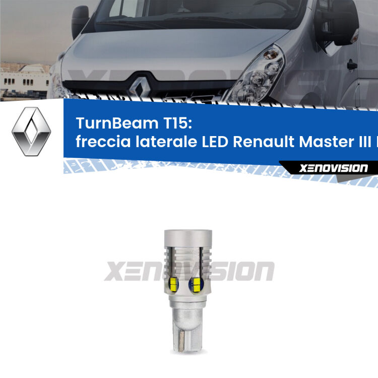 <strong>LED freccia laterale Renault Master III </strong>Mk3. Una lampada LED T15 per Frecce, ottima resa in ogni direzione, Qualità Massima.