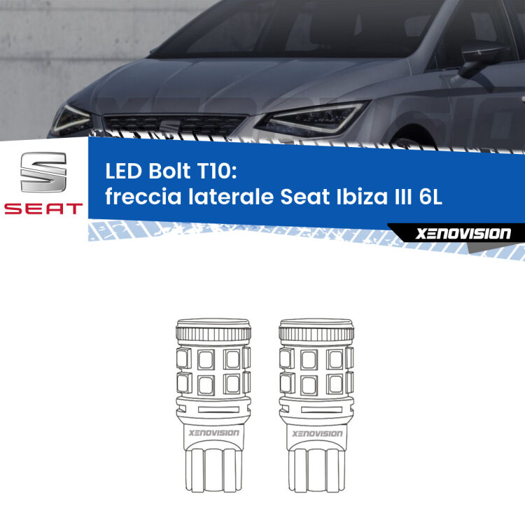 0 Freccia laterale LED Seat Ibiza III 6L faro giallo: T10 Bolt <strong>Freccia laterale LED per Seat Ibiza III</strong> 6L faro giallo. Coppia lampade <strong>T10</strong> modello Bolt canbus.