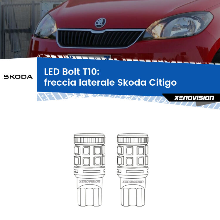 0 Freccia laterale LED Skoda Citigo  2011 in poi: T10 Bolt <strong>Freccia laterale LED per Skoda Citigo</strong>  2011 in poi. Coppia lampade <strong>T10</strong> modello Bolt canbus.