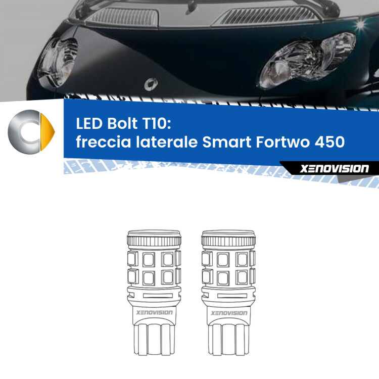 0 Freccia laterale LED Smart Fortwo 450 2004 - 2007: T10 Bolt <strong>Freccia laterale LED per Smart Fortwo</strong> 450 2004 - 2007. Coppia lampade <strong>T10</strong> modello Bolt canbus.