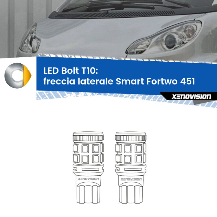 Freccia laterale LED Smart Fortwo 451 2007 - 2014: T10 Bolt <strong>Freccia laterale LED per Smart Fortwo</strong> 451 2007 - 2014. Coppia lampade <strong>T10</strong> modello Bolt canbus.