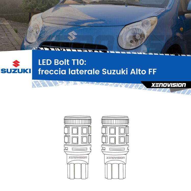 Freccia laterale LED Suzuki Alto FF 2002 - 2008: T10 Bolt <strong>Freccia laterale LED per Suzuki Alto</strong> FF 2002 - 2008. Coppia lampade <strong>T10</strong> modello Bolt canbus.