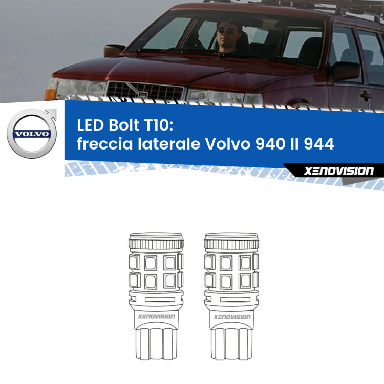 Freccia laterale LED Volvo 940 II 944 1994 - 1998: T10 Bolt <strong>Freccia laterale LED per Volvo 940 II</strong> 944 1994 - 1998. Coppia lampade <strong>T10</strong> modello Bolt canbus.