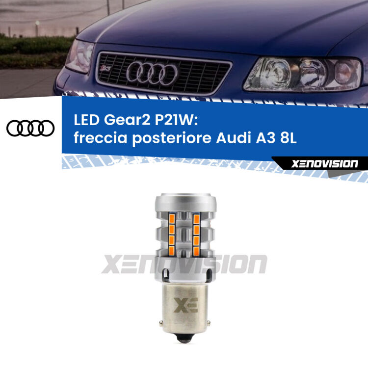 Freccia posteriore LED Audi A3 8L 1996 - 1999: P21W Gear2 FINE SERIE: NO GARANZIA FINE SERIE: NO GARANZIA <strong>Freccia posteriore LED no-spie per Audi A3</strong> 8L 1996 - 1999. Lampada <strong>P21W</strong> modello Gear2 no Hyperflash.