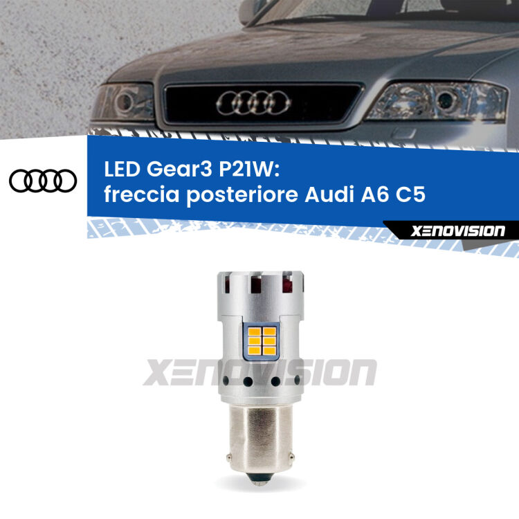 0 Freccia posteriore LED Audi A6 C5 1997 - 2004: P21W Gear3 <strong>Freccia posteriore LED no-spie per Audi A6</strong> C5 1997 - 2004. Lampada <strong>P21W</strong> modello Gear3 no Hyperflash, raffreddata a ventola.