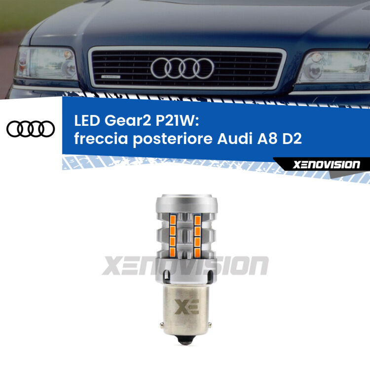0 Freccia posteriore LED Audi A8 D2 1994 - 2002: P21W Gear2 FINE SERIE: NO GARANZIA FINE SERIE: NO GARANZIA <strong>Freccia posteriore LED no-spie per Audi A8</strong> D2 1994 - 2002. Lampada <strong>P21W</strong> modello Gear2 no Hyperflash.