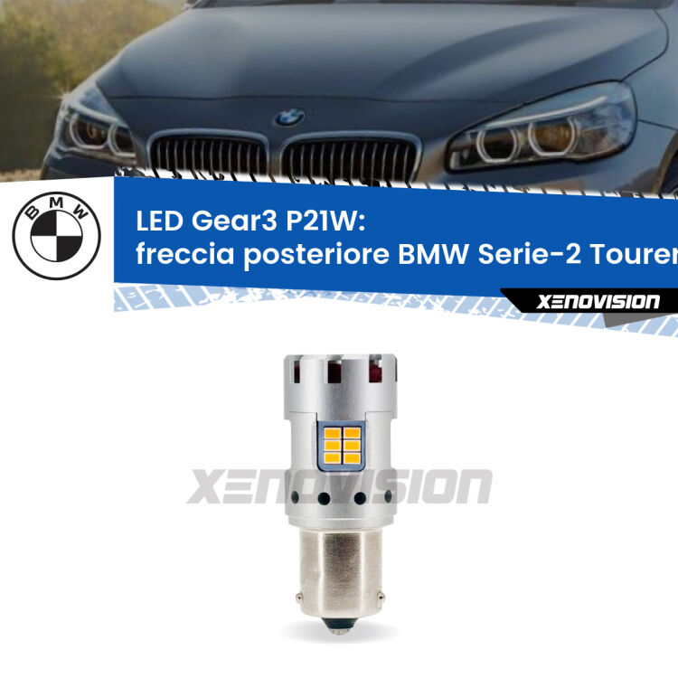 0 Freccia posteriore LED BMW Serie-2 Tourer F45, F46 2014 - 2018: P21W Gear3 <strong>Freccia posteriore LED no-spie per BMW Serie-2 Tourer</strong> F45, F46 2014 - 2018. Lampada <strong>P21W</strong> modello Gear3 no Hyperflash, raffreddata a ventola.