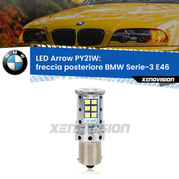 <strong>Freccia posteriore LED no-spie per BMW Serie-3</strong> E46 faro bianco. Lampada <strong>PY21W</strong> modello top di gamma Arrow.