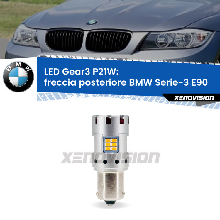 <strong>Freccia posteriore LED no-spie per BMW Serie-3</strong> E90 2005 - 2011. Lampada <strong>P21W</strong> modello Gear3 no Hyperflash, raffreddata a ventola.