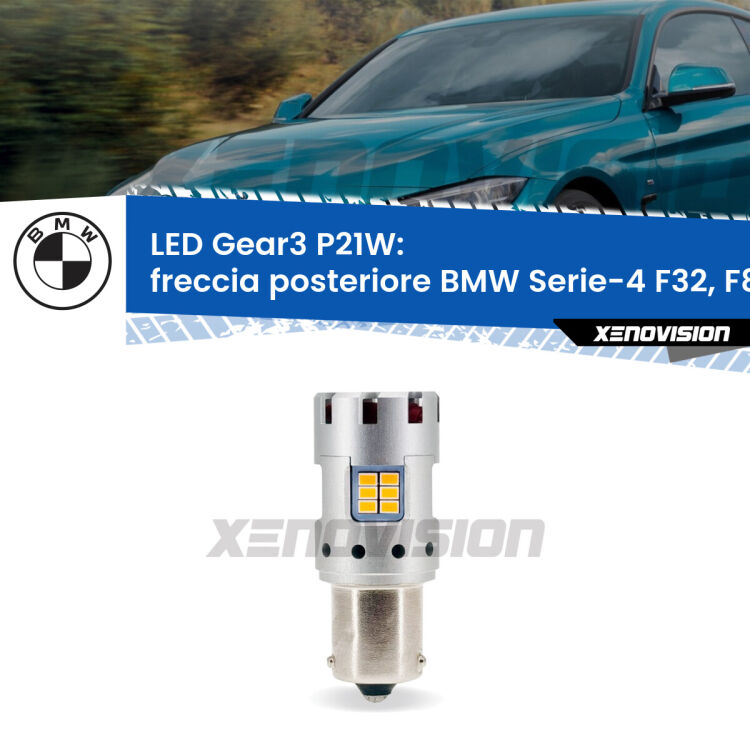 0 Freccia posteriore LED BMW Serie-4 F32, F82 2013 - 2017: P21W Gear3 <strong>Freccia posteriore LED no-spie per BMW Serie-4</strong> F32, F82 2013 - 2017. Lampada <strong>P21W</strong> modello Gear3 no Hyperflash, raffreddata a ventola.