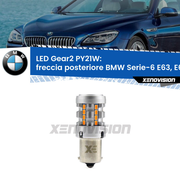 <strong>Freccia posteriore LED no-spie per BMW Serie-6</strong> E63, E64 2004 - 2010. Lampada <strong>PY21W</strong> modello Gear2 no Hyperflash.