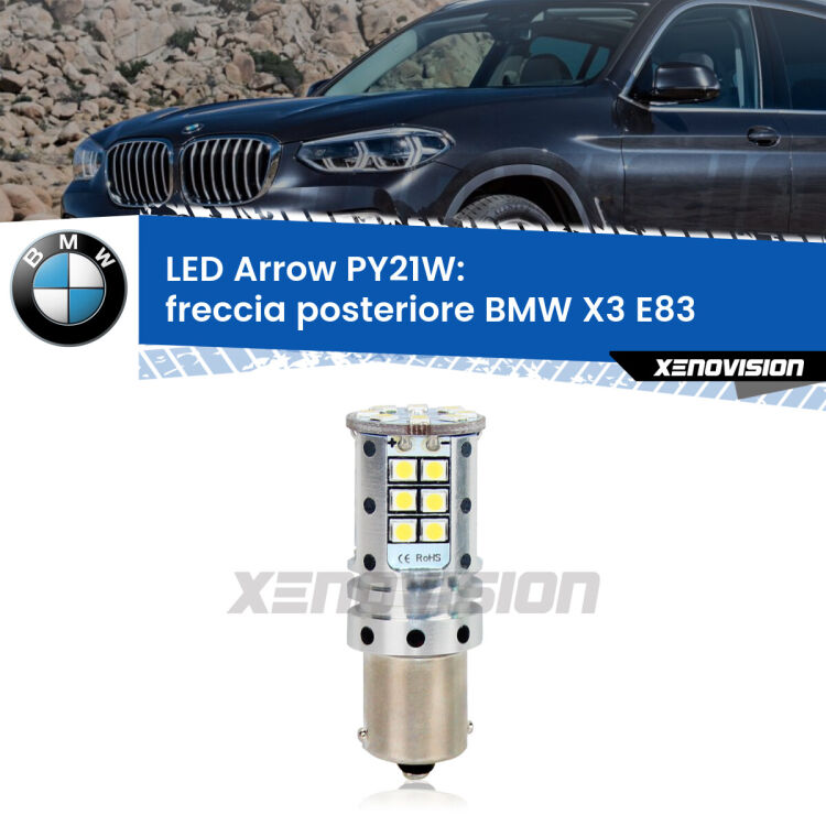 <strong>Freccia posteriore LED no-spie per BMW X3</strong> E83 faro bianco. Lampada <strong>PY21W</strong> modello top di gamma Arrow.