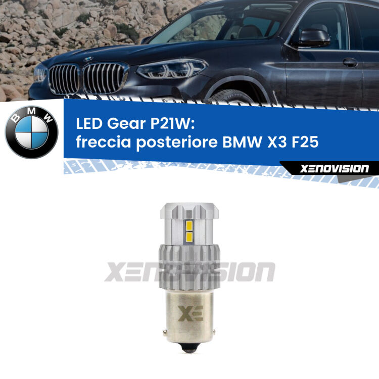 <strong>LED P21W per </strong><strong>Freccia posteriore BMW X3 (F25) 2010 - 2016</strong><strong>. </strong>Richiede resistenze per eliminare lampeggio rapido, 3x più luce, compatta. Top Quality.

<strong>Freccia posteriore LED per BMW X3</strong> F25 2010 - 2016. Lampada <strong>P21W</strong>. Usa delle resistenze per eliminare lampeggio rapido.