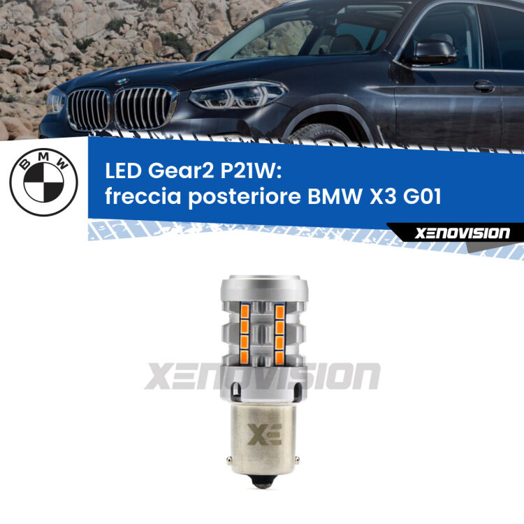 0 Freccia posteriore LED BMW X3 G01 2017 in poi: P21W Gear2 FINE SERIE: NO GARANZIA FINE SERIE: NO GARANZIA <strong>Freccia posteriore LED no-spie per BMW X3</strong> G01 2017 in poi. Lampada <strong>P21W</strong> modello Gear2 no Hyperflash.