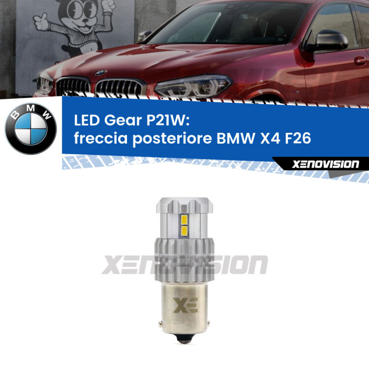 <strong>LED P21W per </strong><strong>Freccia posteriore BMW X4 (F26) 2014 - 2017</strong><strong>. </strong>Richiede resistenze per eliminare lampeggio rapido, 3x più luce, compatta. Top Quality.

<strong>Freccia posteriore LED per BMW X4</strong> F26 2014 - 2017. Lampada <strong>P21W</strong>. Usa delle resistenze per eliminare lampeggio rapido.