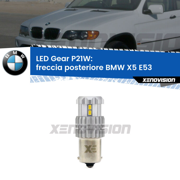 <strong>LED P21W per </strong><strong>Freccia posteriore BMW X5 (E53) faro giallo</strong><strong>. </strong>Richiede resistenze per eliminare lampeggio rapido, 3x più luce, compatta. Top Quality.

<strong>Freccia posteriore LED per BMW X5</strong> E53 faro giallo. Lampada <strong>P21W</strong>. Usa delle resistenze per eliminare lampeggio rapido.