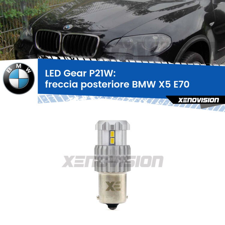 <strong>LED P21W per </strong><strong>Freccia posteriore BMW X5 (E70) 2006 - 2013</strong><strong>. </strong>Richiede resistenze per eliminare lampeggio rapido, 3x più luce, compatta. Top Quality.

<strong>Freccia posteriore LED per BMW X5</strong> E70 2006 - 2013. Lampada <strong>P21W</strong>. Usa delle resistenze per eliminare lampeggio rapido.