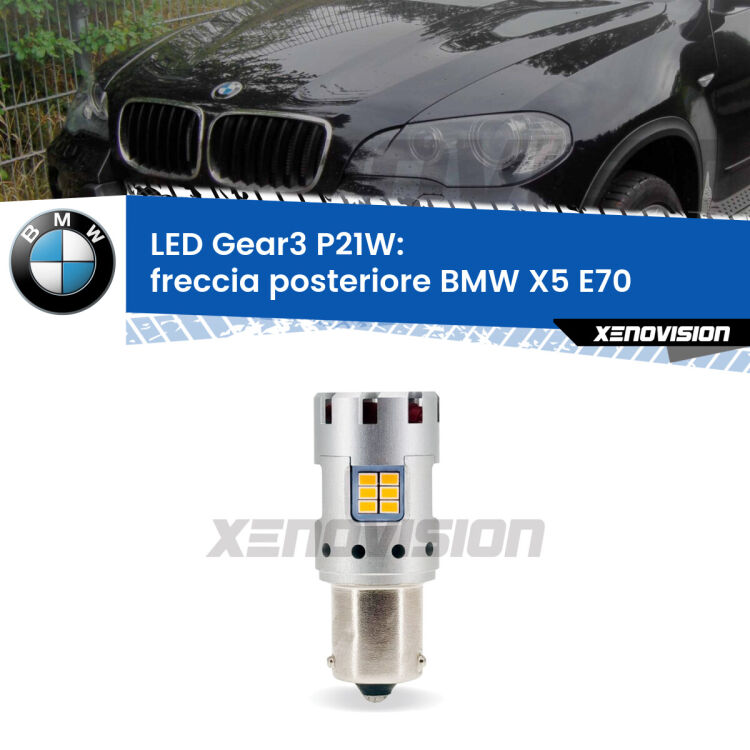 <strong>Freccia posteriore LED no-spie per BMW X5</strong> E70 2006 - 2013. Lampada <strong>P21W</strong> modello Gear3 no Hyperflash, raffreddata a ventola.