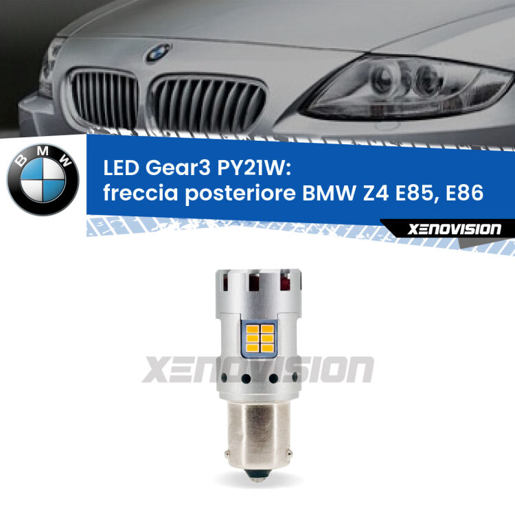 <strong>Freccia posteriore LED no-spie per BMW Z4</strong> E85, E86 faro bianco. Lampada <strong>PY21W</strong> modello Gear3 no Hyperflash, raffreddata a ventola.