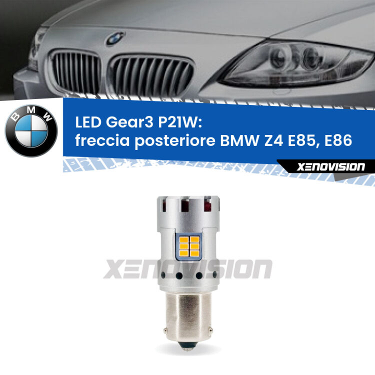 <strong>Freccia posteriore LED no-spie per BMW Z4</strong> E85, E86 faro giallo. Lampada <strong>P21W</strong> modello Gear3 no Hyperflash, raffreddata a ventola.