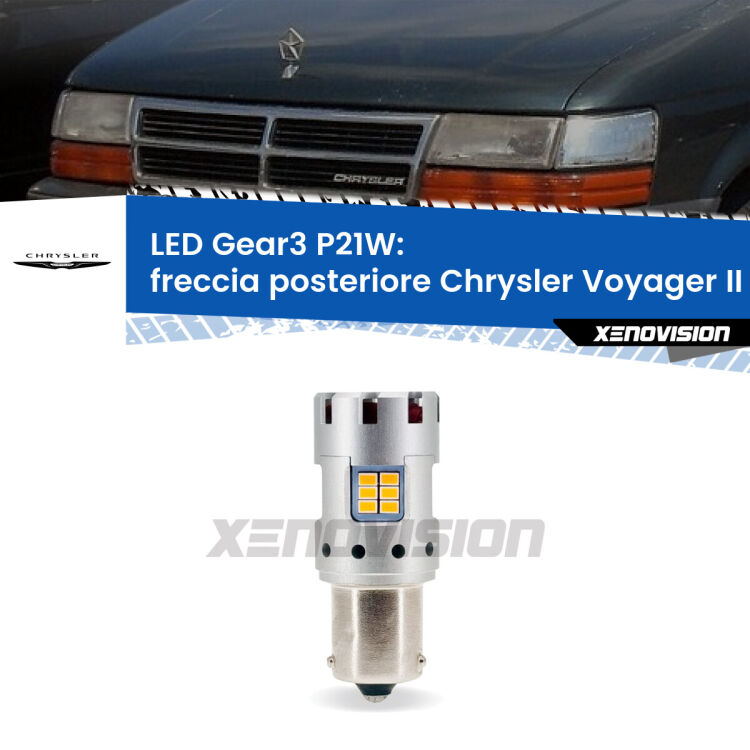0 Freccia posteriore LED Chrysler Voyager II 1990 - 1995: P21W Gear3 <strong>Freccia posteriore LED no-spie per Chrysler Voyager II</strong> 1990 - 1995. Lampada <strong>P21W</strong> modello Gear3 no Hyperflash, raffreddata a ventola.