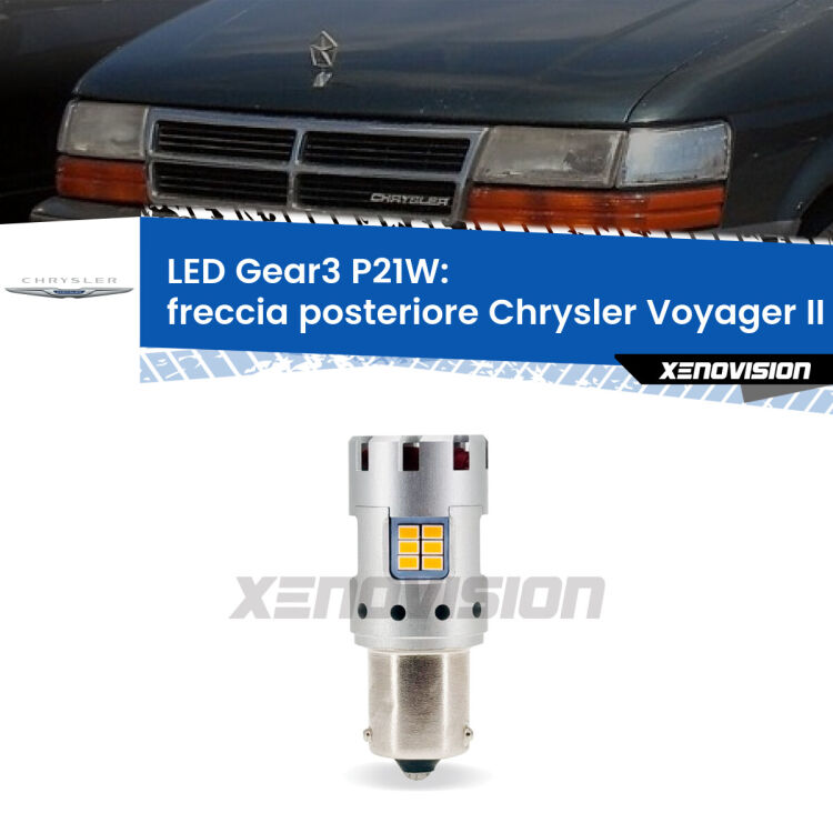 <strong>Freccia posteriore LED no-spie per Chrysler Voyager II</strong> AS 1990 - 1995. Lampada <strong>P21W</strong> modello Gear3 no Hyperflash, raffreddata a ventola.