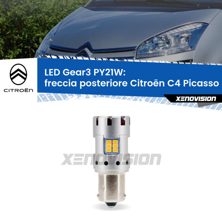 0 Freccia posteriore LED Citroën C4 Picasso 2006 - 2013: PY21W Gear3 <strong>Freccia posteriore LED no-spie per Citroën C4 Picasso</strong> 2006 - 2013. Lampada <strong>PY21W</strong> modello Gear3 no Hyperflash, raffreddata a ventola.