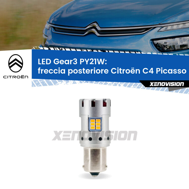 0 Freccia posteriore LED Citroën C4 Picasso II 2013 in poi: PY21W Gear3 <strong>Freccia posteriore LED no-spie per Citroën C4 Picasso</strong> II 2013 in poi. Lampada <strong>PY21W</strong> modello Gear3 no Hyperflash, raffreddata a ventola.