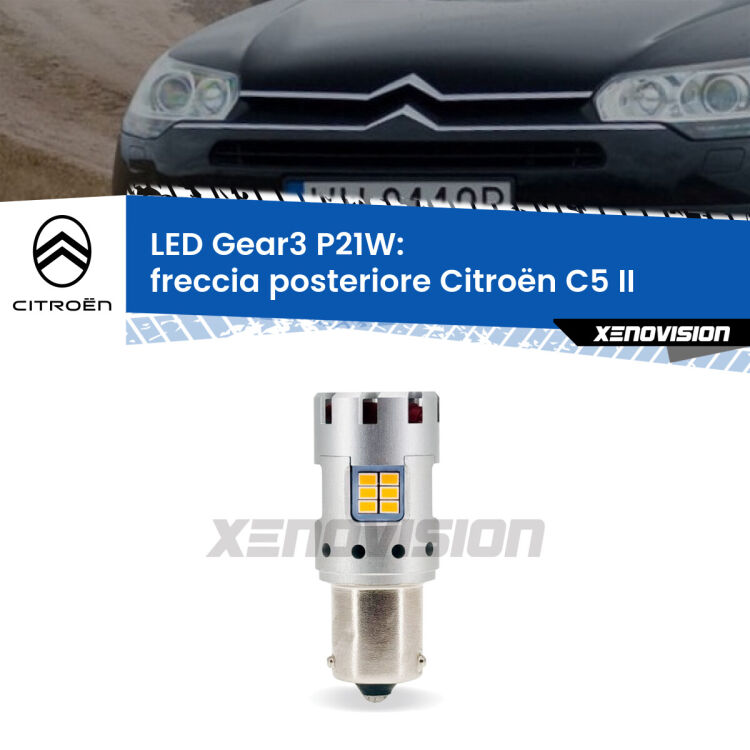 0 Freccia posteriore LED Citroën C5 II 2008 - 2014: P21W Gear3 <strong>Freccia posteriore LED no-spie per Citroën C5</strong> II 2008 - 2014. Lampada <strong>P21W</strong> modello Gear3 no Hyperflash, raffreddata a ventola.