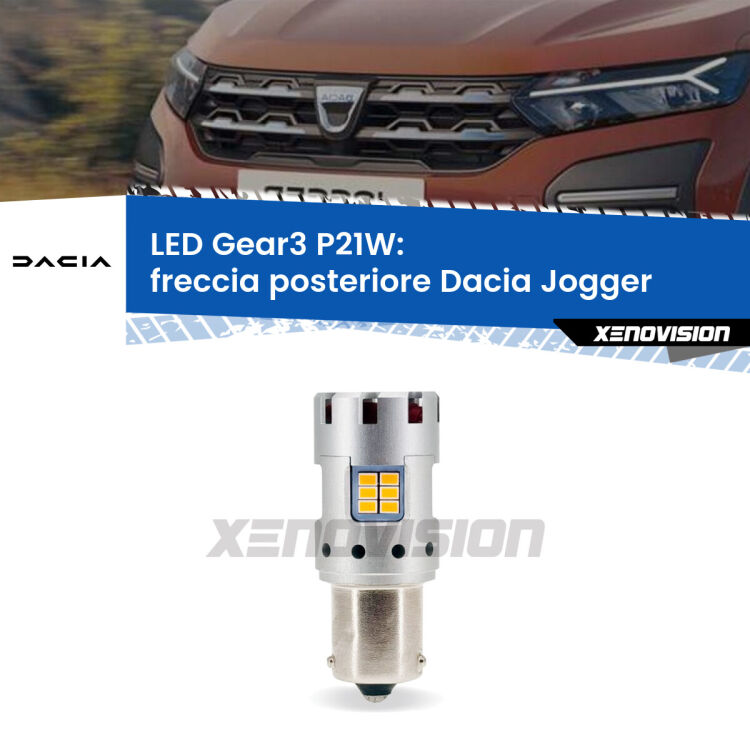 0 Freccia posteriore LED Dacia Jogger 2021 in poi: P21W Gear3 <strong>Freccia posteriore LED no-spie per Dacia Jogger</strong> 2021 in poi. Lampada <strong>P21W</strong> modello Gear3 no Hyperflash, raffreddata a ventola.