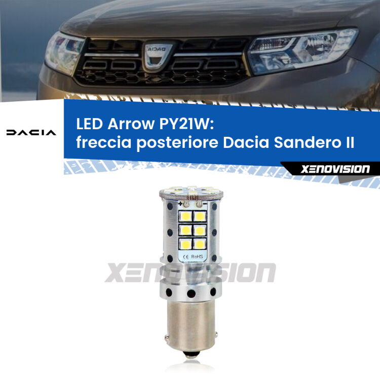 0 Freccia posteriore LED Dacia Sandero II 2012 in poi: PY21W Arrow <strong>Freccia posteriore LED no-spie per Dacia Sandero II</strong> 2012 in poi. Lampada <strong>PY21W</strong> modello top di gamma Arrow.