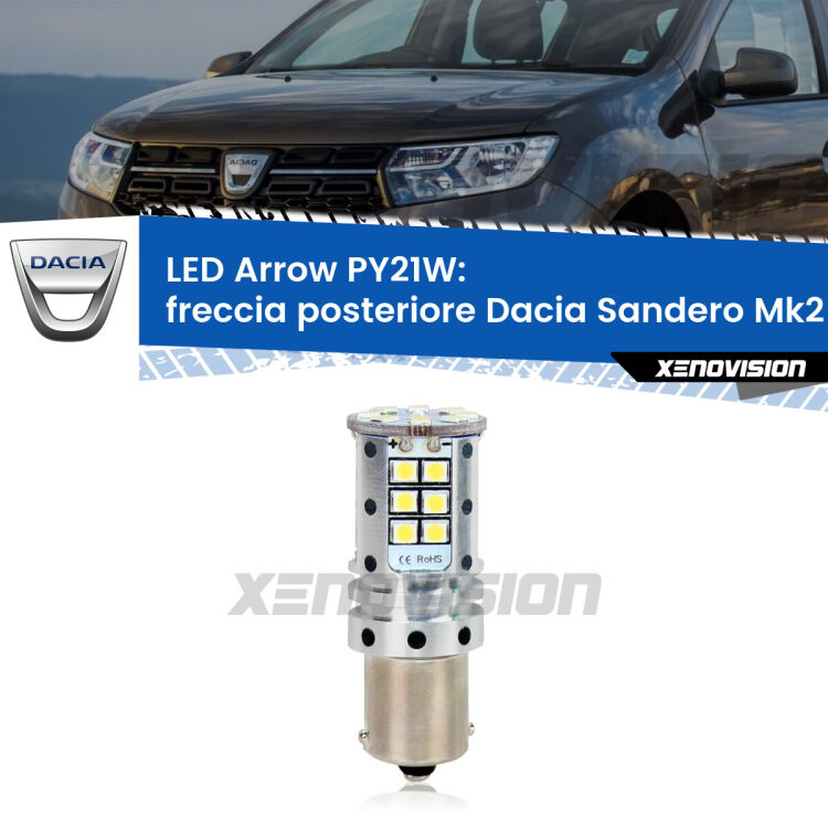 <strong>Freccia posteriore LED no-spie per Dacia Sandero</strong> Mk2 2012 in poi. Lampada <strong>PY21W</strong> modello top di gamma Arrow.