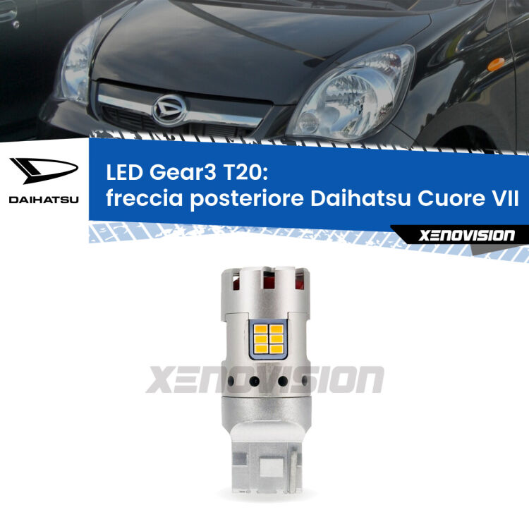 0 Freccia posteriore LED Daihatsu Cuore VII 2007 - 2018: T20 Gear3 <strong>Freccia posteriore LED no-spie per Daihatsu Cuore VII</strong> 2007 - 2018. Lampada <strong>T20</strong> modello Gear3 no Hyperflash, raffreddata a ventola.