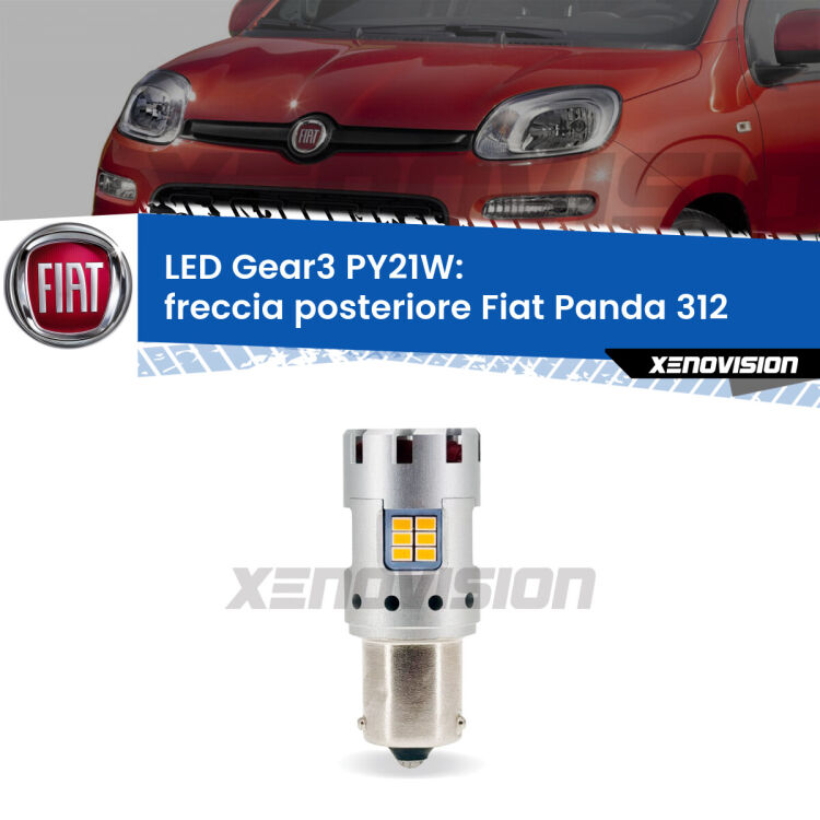 <strong>Freccia posteriore LED no-spie per Fiat Panda</strong> 312 2012 in poi. Lampada <strong>PY21W</strong> modello Gear3 no Hyperflash, raffreddata a ventola.