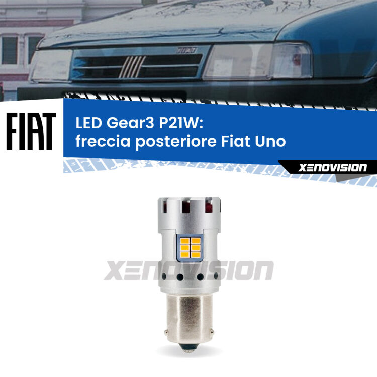 0 Freccia posteriore LED Fiat Uno 1983 - 1995: P21W Gear3 <strong>Freccia posteriore LED no-spie per Fiat Uno</strong> 1983 - 1995. Lampada <strong>P21W</strong> modello Gear3 no Hyperflash, raffreddata a ventola.