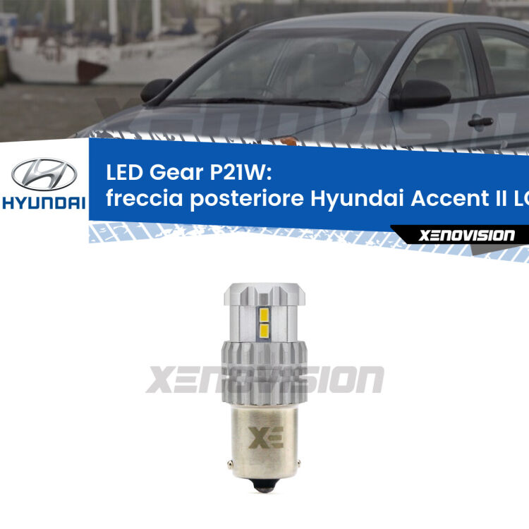 <strong>LED P21W per </strong><strong>Freccia posteriore Hyundai Accent II (LC) restyling</strong><strong>. </strong>Richiede resistenze per eliminare lampeggio rapido, 3x più luce, compatta. Top Quality.

<strong>Freccia posteriore LED per Hyundai Accent II</strong> LC restyling. Lampada <strong>P21W</strong>. Usa delle resistenze per eliminare lampeggio rapido.