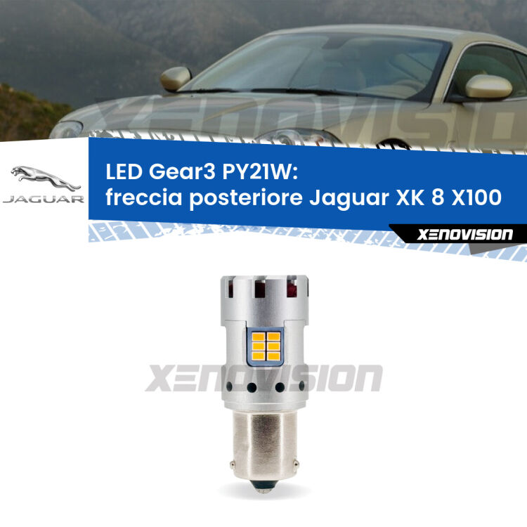 <strong>Freccia posteriore LED no-spie per Jaguar XK 8</strong> X100 1996 - 2005. Lampada <strong>PY21W</strong> modello Gear3 no Hyperflash, raffreddata a ventola.