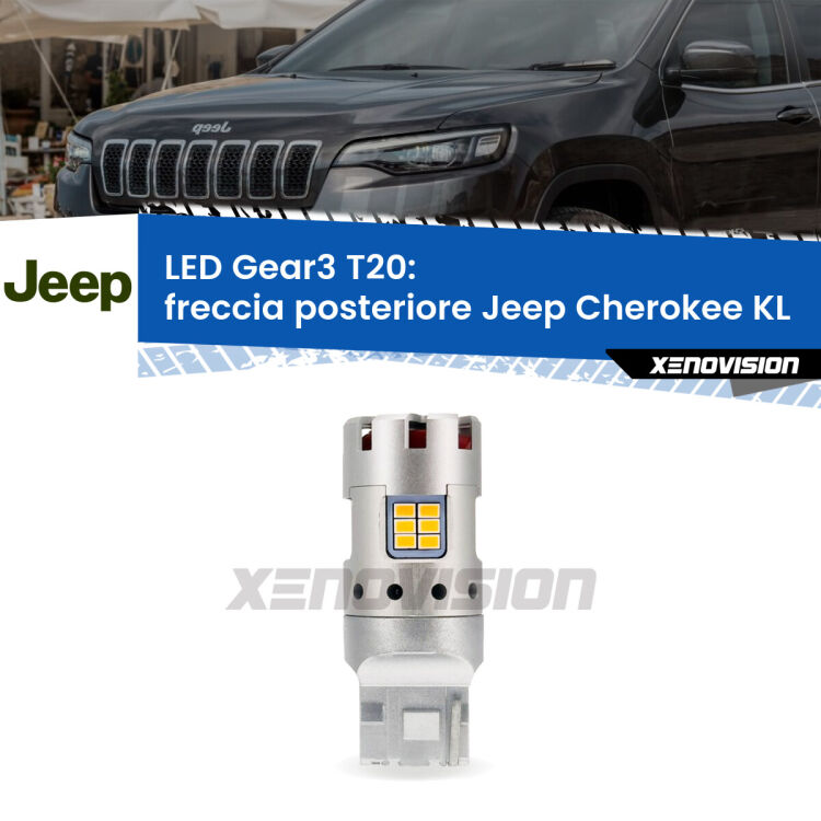 <strong>Freccia posteriore LED no-spie per Jeep Cherokee</strong> KL 2014 in poi. Lampada <strong>T20</strong> modello Gear3 no Hyperflash, raffreddata a ventola.