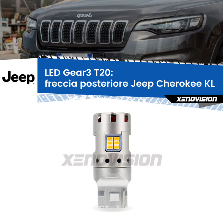 0 Freccia posteriore LED Jeep Cherokee KL 2014 in poi: T20 Gear3 <strong>Freccia posteriore LED no-spie per Jeep Cherokee</strong> KL 2014 in poi. Lampada <strong>T20</strong> modello Gear3 no Hyperflash, raffreddata a ventola.