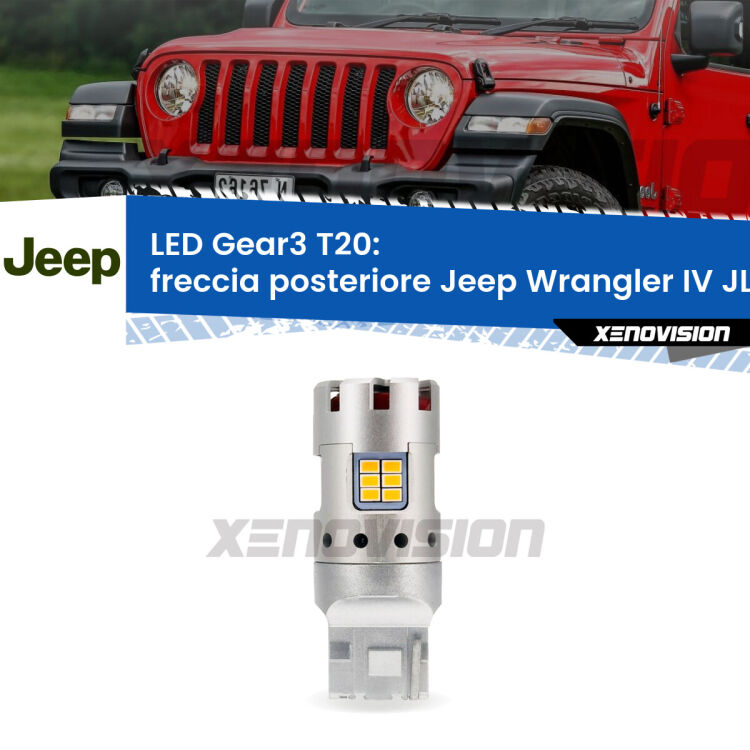 <strong>Freccia posteriore LED no-spie per Jeep Wrangler IV</strong> JL 2017 in poi. Lampada <strong>T20</strong> modello Gear3 no Hyperflash, raffreddata a ventola.