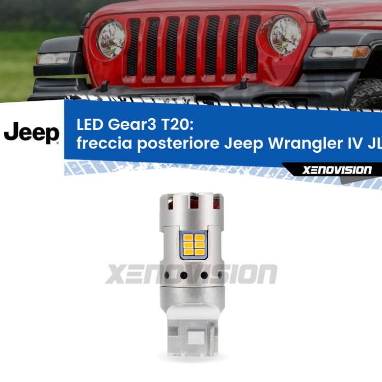 0 Freccia posteriore LED Jeep Wrangler IV JL 2017 in poi: T20 Gear3 <strong>Freccia posteriore LED no-spie per Jeep Wrangler IV</strong> JL 2017 in poi. Lampada <strong>T20</strong> modello Gear3 no Hyperflash, raffreddata a ventola.