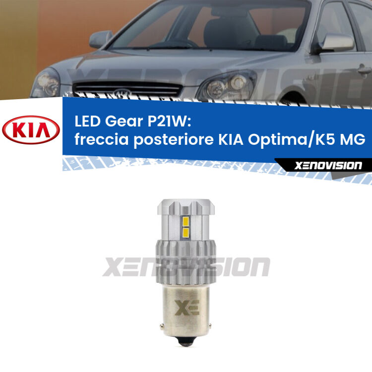 <strong>LED P21W per </strong><strong>Freccia posteriore KIA Optima/K5 (MG) 2005 - 2009</strong><strong>. </strong>Richiede resistenze per eliminare lampeggio rapido, 3x più luce, compatta. Top Quality.

<strong>Freccia posteriore LED per KIA Optima/K5</strong> MG 2005 - 2009. Lampada <strong>P21W</strong>. Usa delle resistenze per eliminare lampeggio rapido.