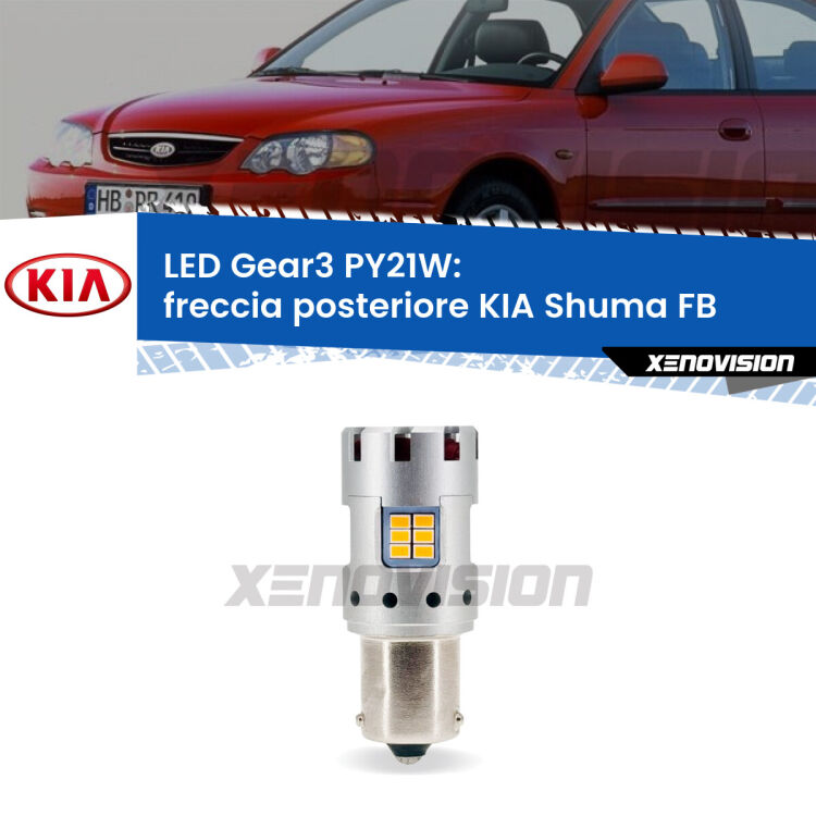 <strong>Freccia posteriore LED no-spie per KIA Shuma</strong> FB faro bianco. Lampada <strong>PY21W</strong> modello Gear3 no Hyperflash, raffreddata a ventola.